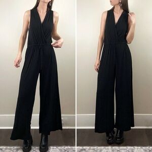 Tua Wide Leg Jumpsuit Medium Black Faux Wrap Flowy V-neck Sleeveless